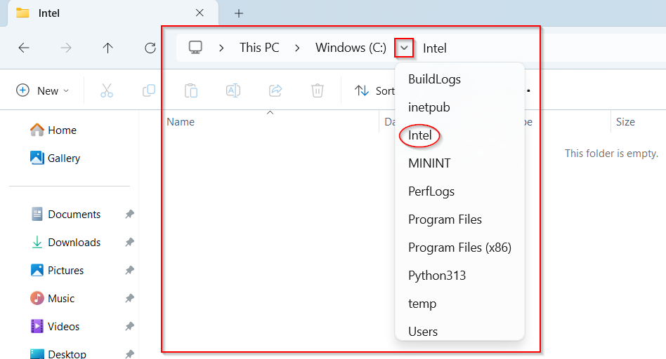 image of file explorer address bar arrow navigation