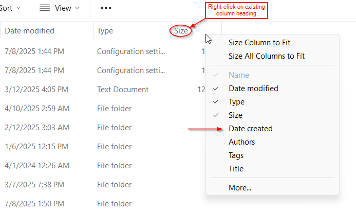 image of file explorer showing how to create column headings