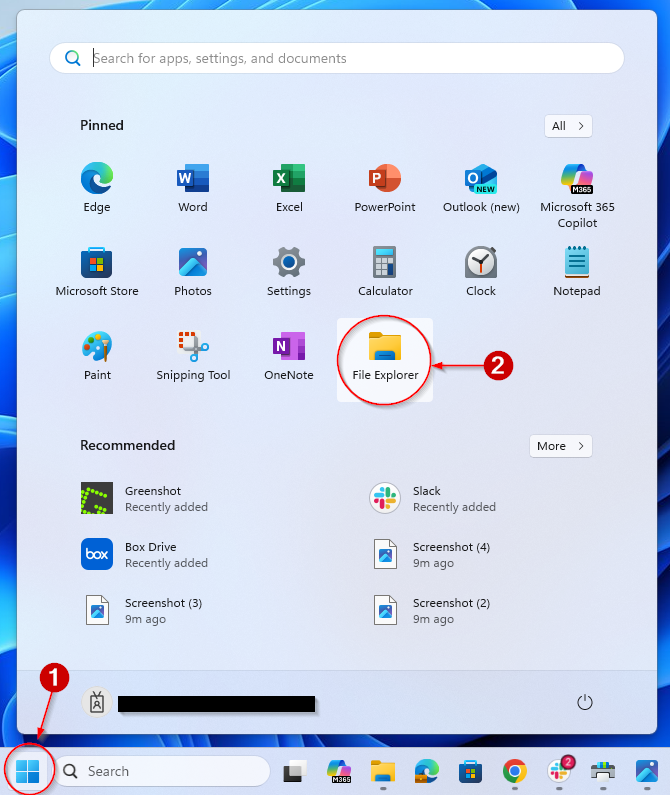 screenshot of an alternative way of accessing file explorer through the start button