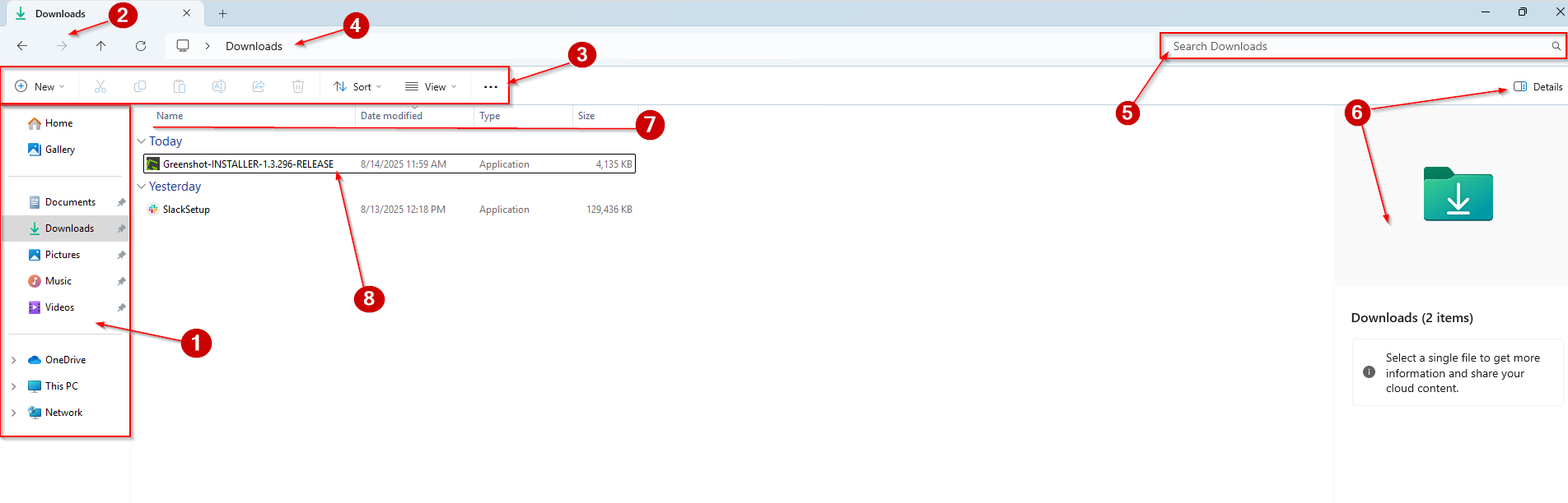 screenshot of file explorer with arrows explaining what each section does